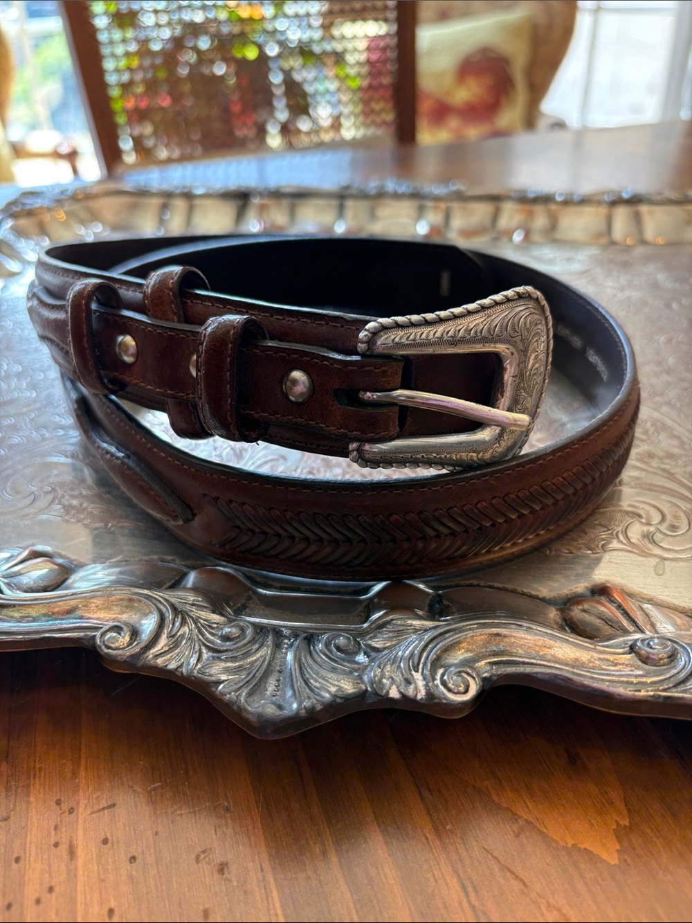 Vintage Nocona Woven Leather Etched Floral Silver Buckle Western Cowgirl Belt